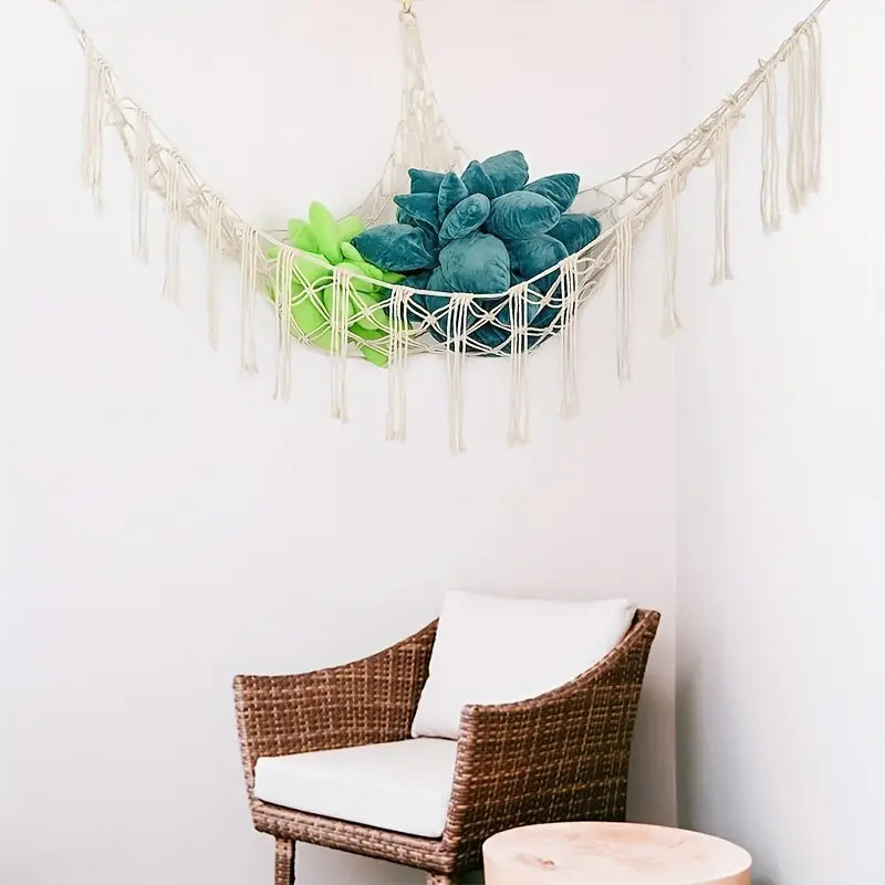 Filet de Rangement Suspendu en Macramé – Hammac de Rangement pour Peluches, Jouets et Accessoires Bébé