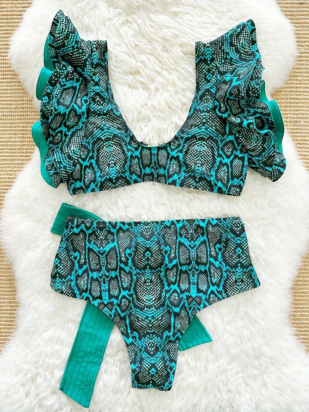 Ensemble Maillot de Bain Femme à Volants – Imprimé Python & Ceinture Nouée Taille Haute