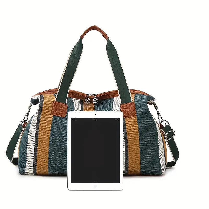 Sac de Voyage Rayé en Tissu Résistant – Cabine Week-End Grande Capacité avec Bandoulière Amovible