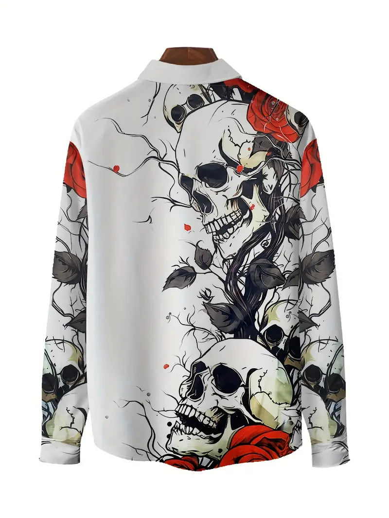 Chemise fantaisie homme – Motif crâne et roses rouges, Style gothique tendance et original