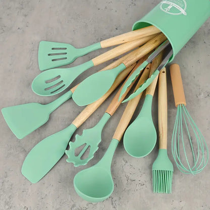 Kit Ustensiles de Cuisine 12 Pièces en Silicone et Bois, coloris Vert