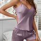 Pyjama Sexy Femme en Satin – Ensemble Lingerie de Nuit 2 Pièces avec Débardeur à Bretelles et Short Dentelle