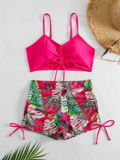 Ensemble de Plage Femme 2 Pièces – Haut Froncé et Short Imprimé Tropical