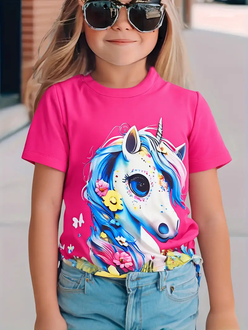 T-shirt Fille Licorne Colorée – Haut Enfant Manches Courtes Imprimé Fantaisie et Tendance