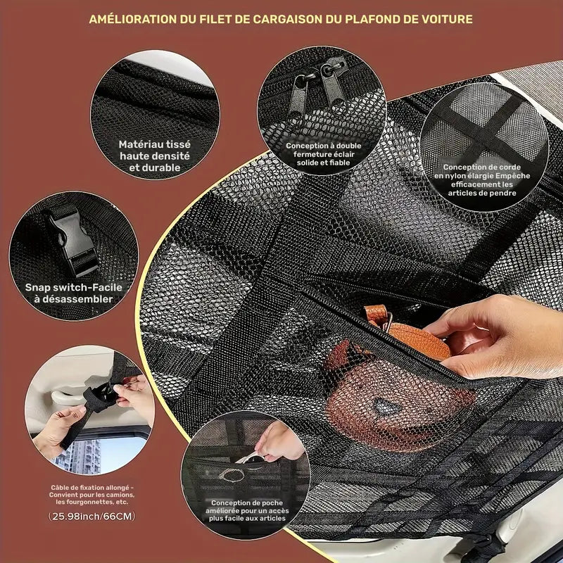Sac de Rangement Plafonnier Camping-Car – Filet de Toit Voiture pour Vêtements, Couvertures et Accessoires de Voyage