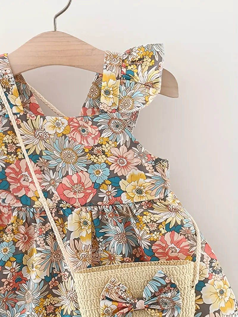 Robe bébé fille fleurie – Cadeau naissance été sans manches avec bretelles croisées