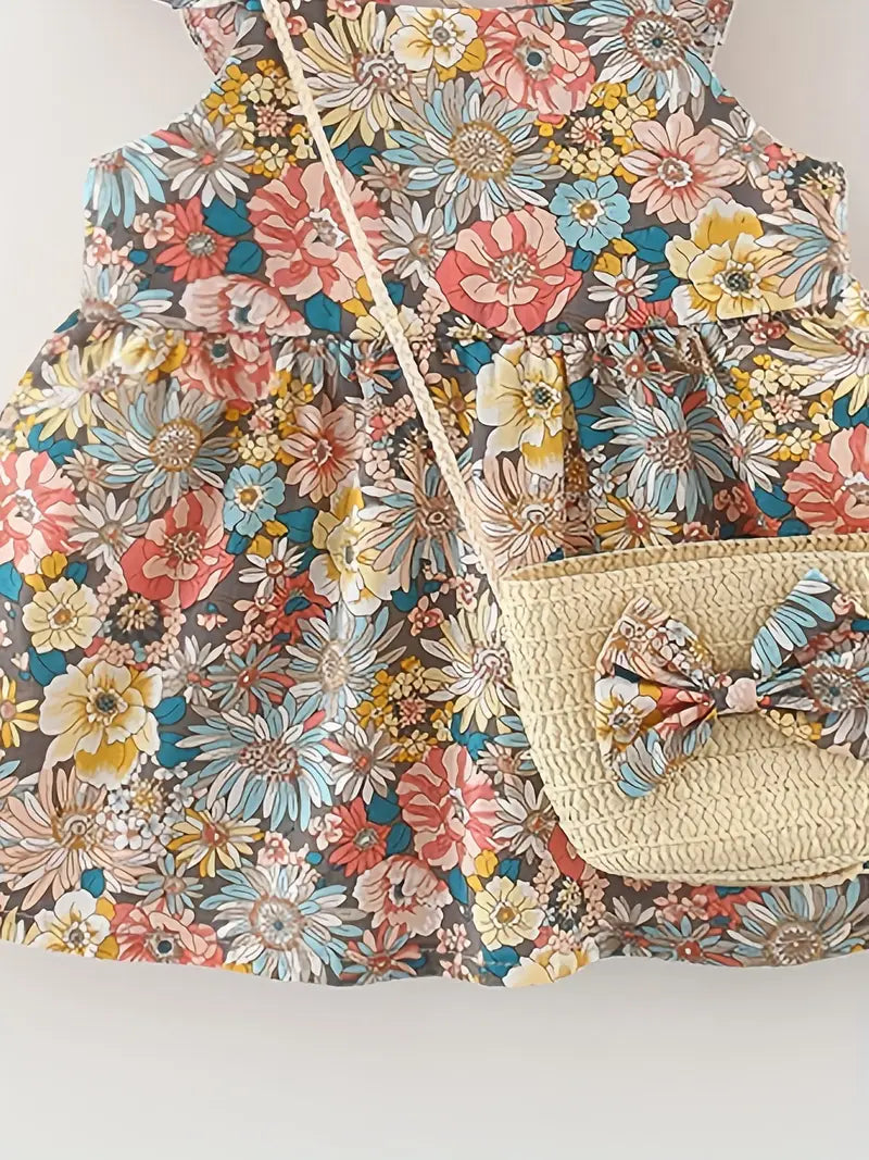 Robe bébé fille fleurie – Cadeau naissance été sans manches avec bretelles croisées