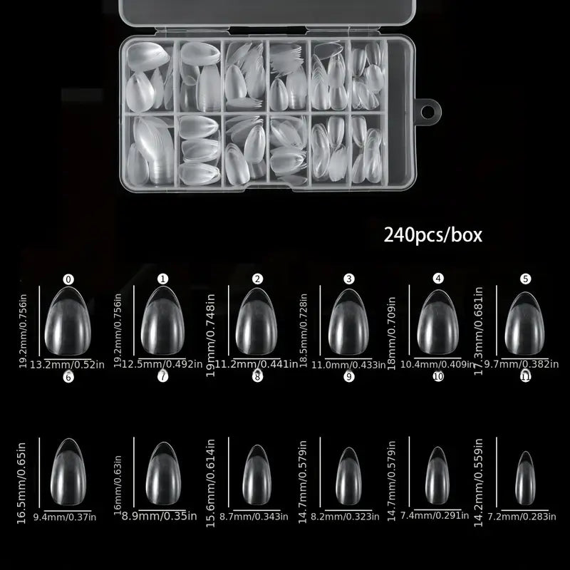 Kit 240 Capsules Faux Ongles Courts Transparente – Forme Amande Arrondie pour Extension en Gel ou Résine