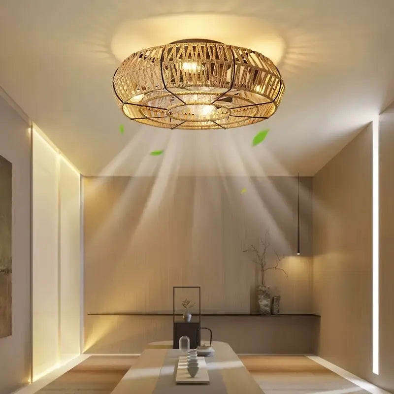 Ventilateur de Plafond LED avec Abat-Jour en Rotin Tressé – Éclairage Intégré et Télécommande pour Ambiance Naturelle