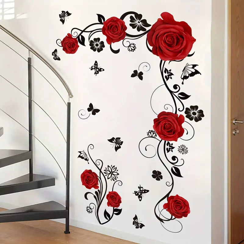Sticker mural fleurs et papillons – Décoration murale avec roses rouges en relief, pour salon ou chambre