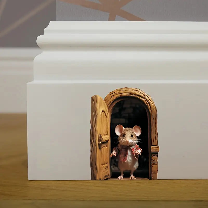 Sticker trompe-l'œil souris et porte en 3D – Autocollant mural amusant pour plinthes, enfants et déco originale