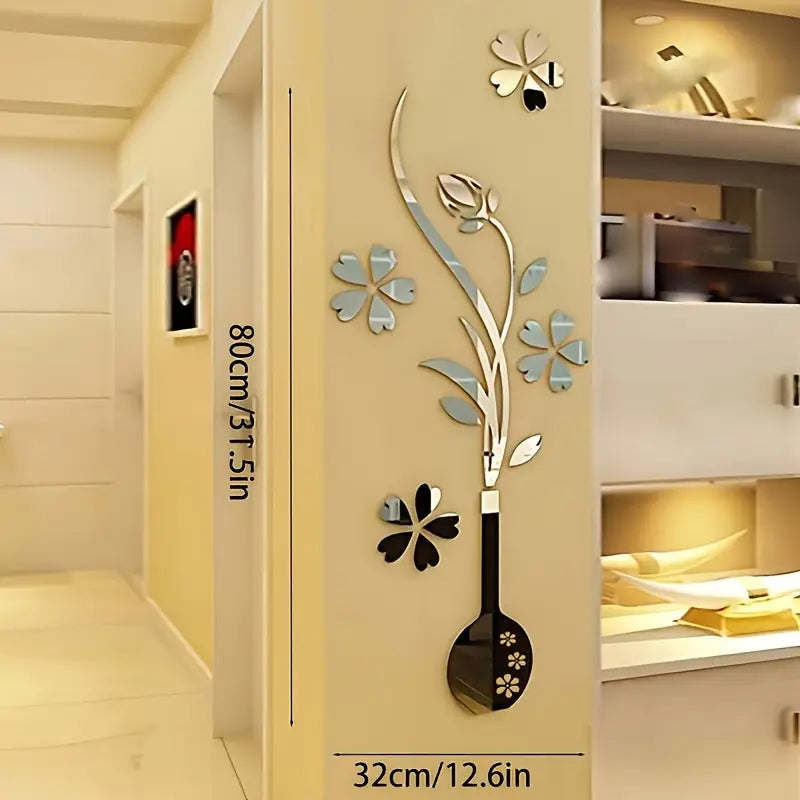 Sticker mural miroir vase floral 3D – Décoration murale effet miroir 80x32 cm pour salon, entrée ou couloir
