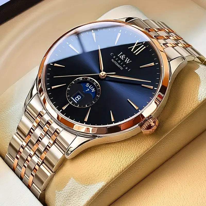 Montre homme automatique élégante – Acier inoxydable argenté avec calendrier et phase de lune