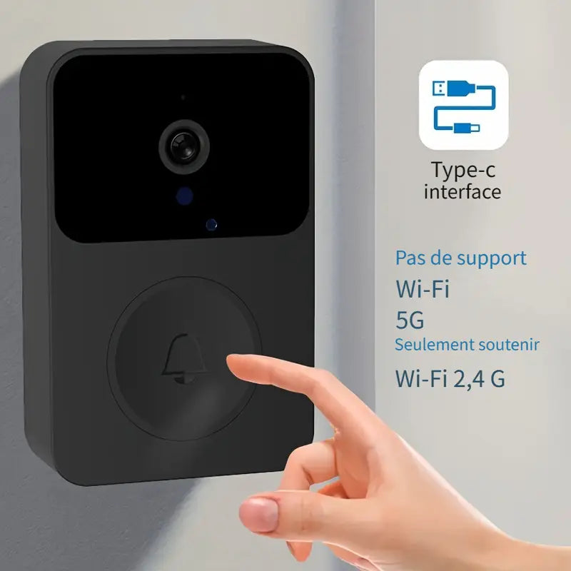 Sonnette Vidéo Wi-Fi 2.4G avec Caméra HD – Détection de Mouvement, Audio Bidirectionnel, Interface Type-C
