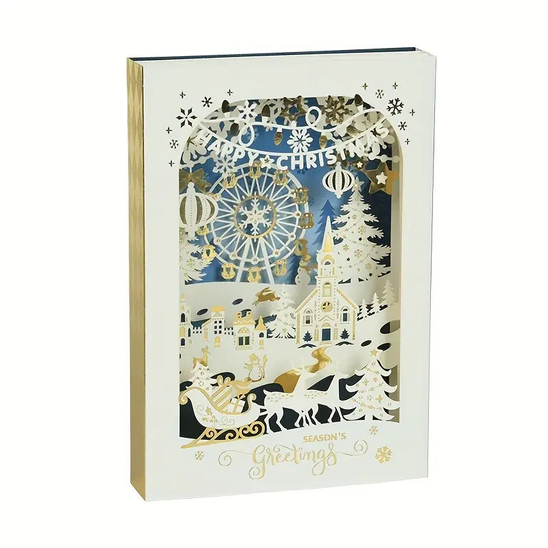 Carte de Noël Pop-Up 3D Luxe – Village Enneigé et Traîneau du Père Noël – Merry Christmas Élégant
