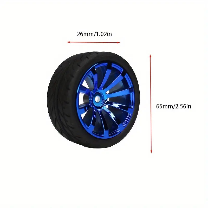 Roue de Voiture RC 65mm avec Jante Bleue – Pneus Haute Adhérence pour Modèles Radiocommandés