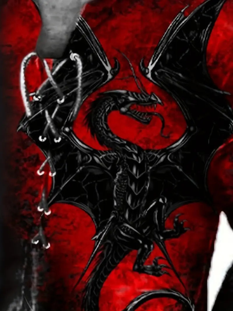 T-shirt fantaisie homme à lacets – Haut noir et rouge motif dragon gothique médiéval