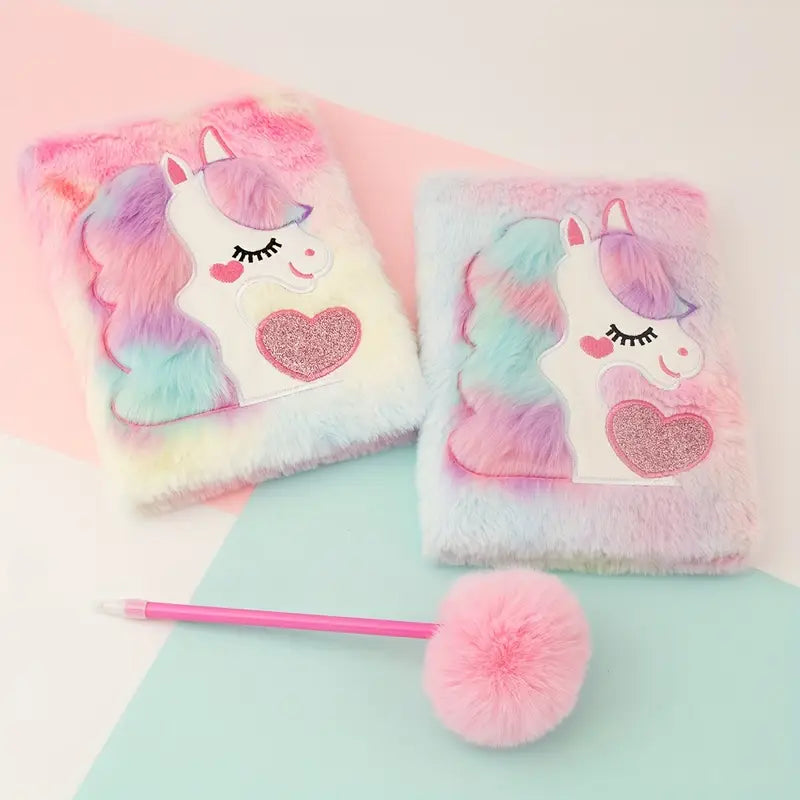 Carnet Fourrure Licorne Arc-en-Ciel avec Stylo Pompon – Journal Intime Enfant Mignon