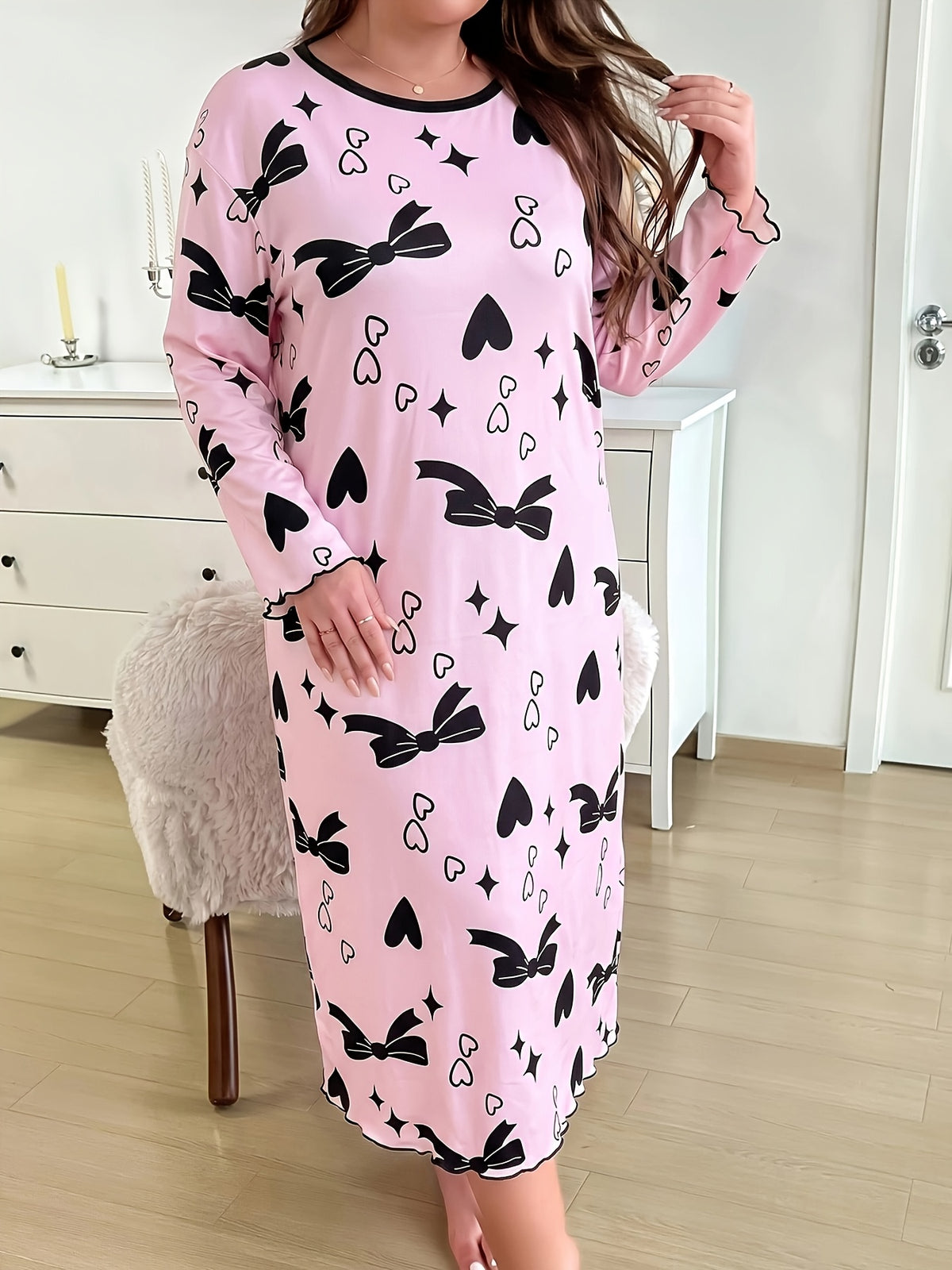 Chemise de Nuit à Manches Longues Automne/Hiver avec Imprimé Nœud Rose