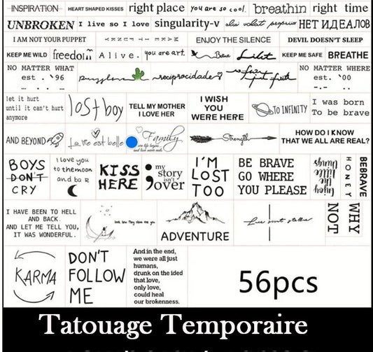Lot de 56 Tatouages Éphémères Citations – Phrases Inspirantes et Textes Stylés pour Bras, Poignet ou Clavicule