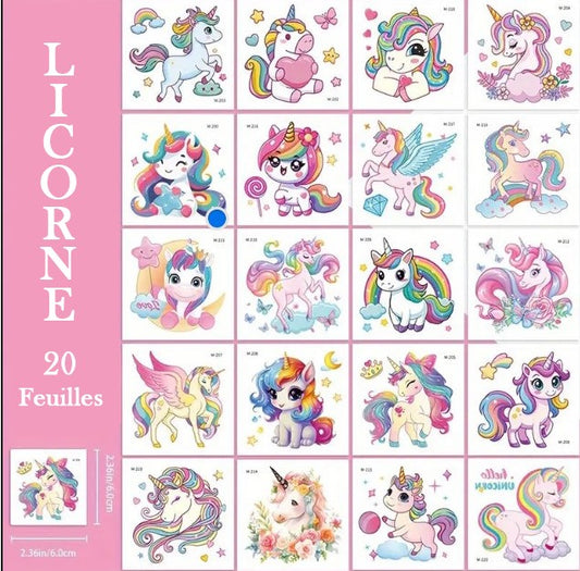 Tatouages Éphémères Licorne pour Enfants – Lot de 20 Feuilles Colorées et Mignonnes, Faciles à Appliquer