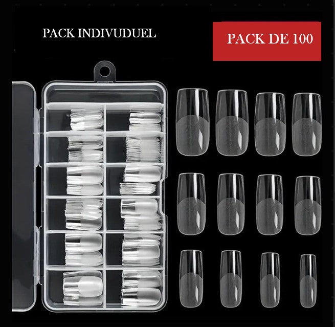 Boîte de 120 Capsules Faux Ongles Transparente – Forme Carrée Longue pour Pose Gel ou Acrylique