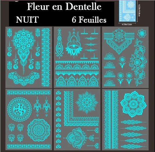 Tatouages Éphémères Fluorescents Mandala & Dentelle – 6 Feuilles Lumineuses pour Corps, Bras ou Épaule