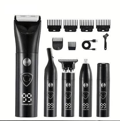 Tondeuse Électrique 5-en-1 – Kit Multifonction Barbe, Cheveux, Nez & Corps, Écran LED, Rechargeable USB