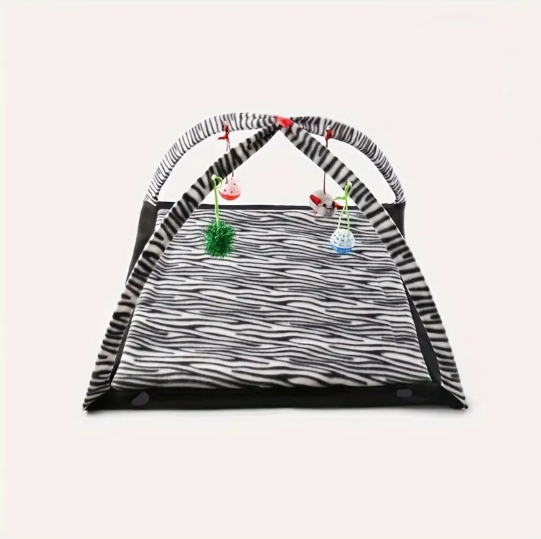 Tapis de Jeu pour Chat avec Arches et Jouets Suspendus – Aire d’Éveil Tigrée pour Divertissement et Repos