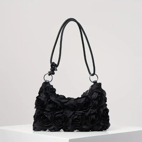 Sac besace noir femme design 3D à fleurs – Élégant, tendance et idéal pour vos soirées