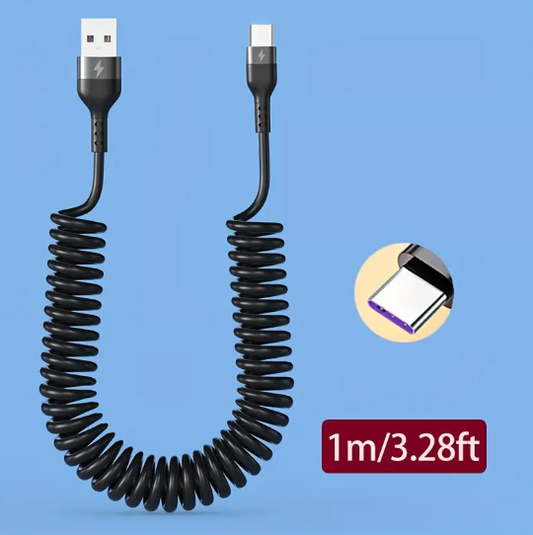 Câble USB Spirale 1m – Charge Rapide Type-C pour Smartphone – Résistant, Extensible et Antienchevêtrement