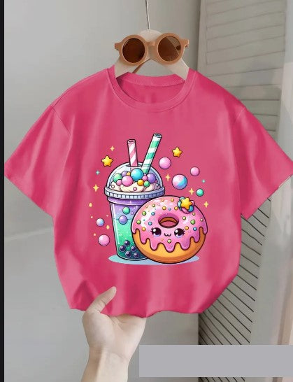 T-shirt fille blanc imprimé kawaii – Donut & Bubble Tea colorés