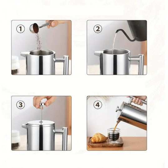 Cafetière à Piston Inox 1L – French Press Isotherme avec Filtres de Rechange et Cuillère Doseuse