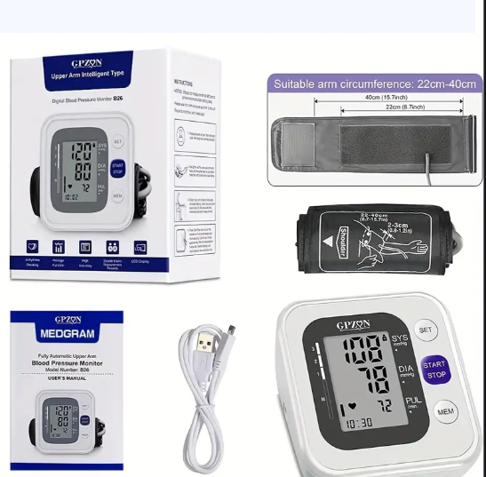 Tensiomètre Électronique Bras GPZON – USB Rechargeable | Grand Écran LCD, Brassard Ajustable 22-40 cm | Mesure Précise Tension & Pouls, Mémoire & Détection Cardiaque Automatique