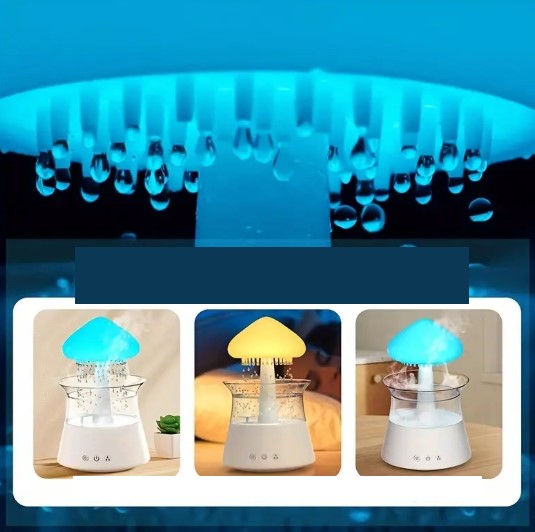 Humidificateur d’Air LED en Forme de Champignon – Diffuseur Silencieux avec Effet Pluie et Lumière d’Ambiance