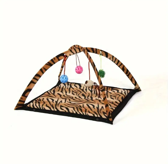 Tapis de Jeu pour Chat avec Arches et Jouets Suspendus – Aire d’Éveil Tigrée pour Divertissement et Repos