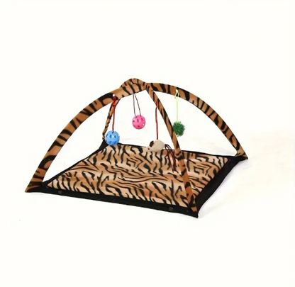 Tapis de Jeu pour Chat avec Arches et Jouets Suspendus – Aire d’Éveil Tigrée pour Divertissement et Repos