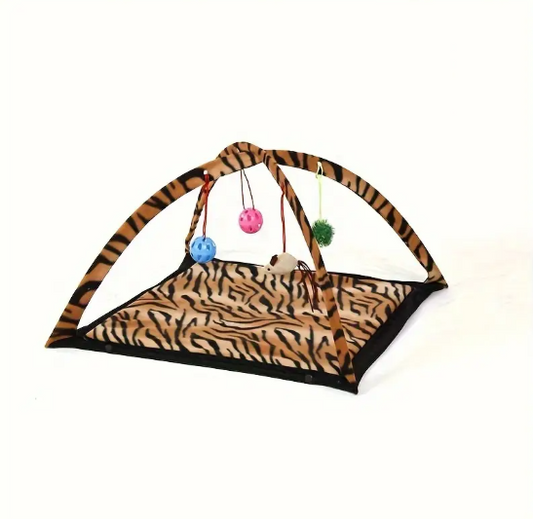 Tapis de Jeu pour Chat avec Arches et Jouets Suspendus – Aire d’Éveil Tigrée pour Divertissement et Repos