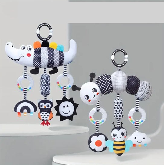 Jouet d’Éveil Poussette en Peluche – Hochet Suspendu Noir et Blanc pour Bébé