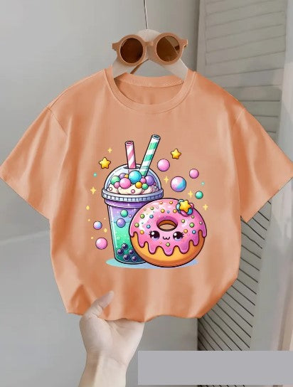 T-shirt fille blanc imprimé kawaii – Donut & Bubble Tea colorés