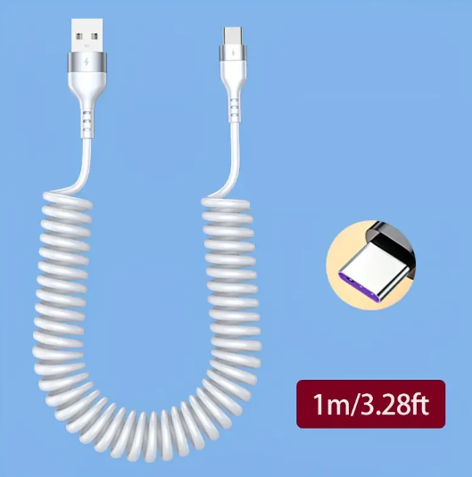 Câble USB Spirale 1m – Charge Rapide Type-C pour Smartphone – Résistant, Extensible et Antienchevêtrement