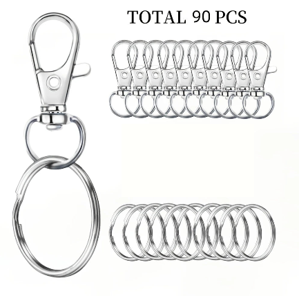 Lot de 20/30/50/70/90/120/150/180 Porte-Clés et Anneaux Métal – Mousquetons + Anneaux pour Bricolage, DIY ou Organisation
