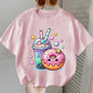 T-shirt fille blanc imprimé kawaii – Donut & Bubble Tea colorés