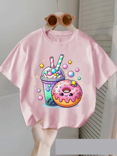 T-shirt fille blanc imprimé kawaii – Donut & Bubble Tea colorés