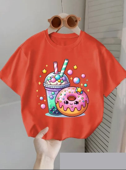 T-shirt fille blanc imprimé kawaii – Donut & Bubble Tea colorés