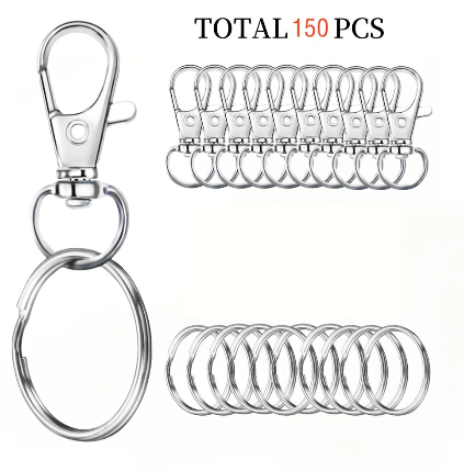 Lot de 20/30/50/70/90/120/150/180 Porte-Clés et Anneaux Métal – Mousquetons + Anneaux pour Bricolage, DIY ou Organisation