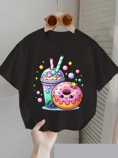 T-shirt fille blanc imprimé kawaii – Donut & Bubble Tea colorés