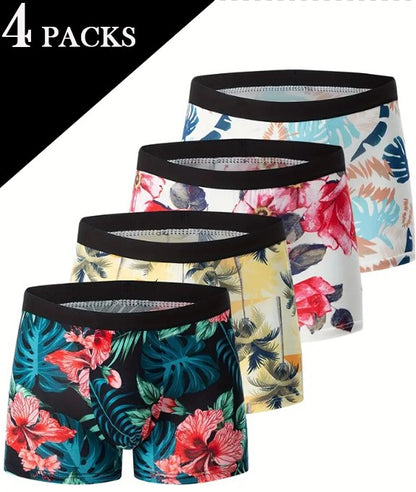 Pack de 4 Boxers Homme – Sous-vêtements à Motifs Tropicaux Colorés en Tissu Stretch
