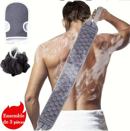 Kit de Gommage Douche 3 Pièces – Bande Exfoliante Dos, Gant de Bain et Fleur de Douche pour Soin du Corps