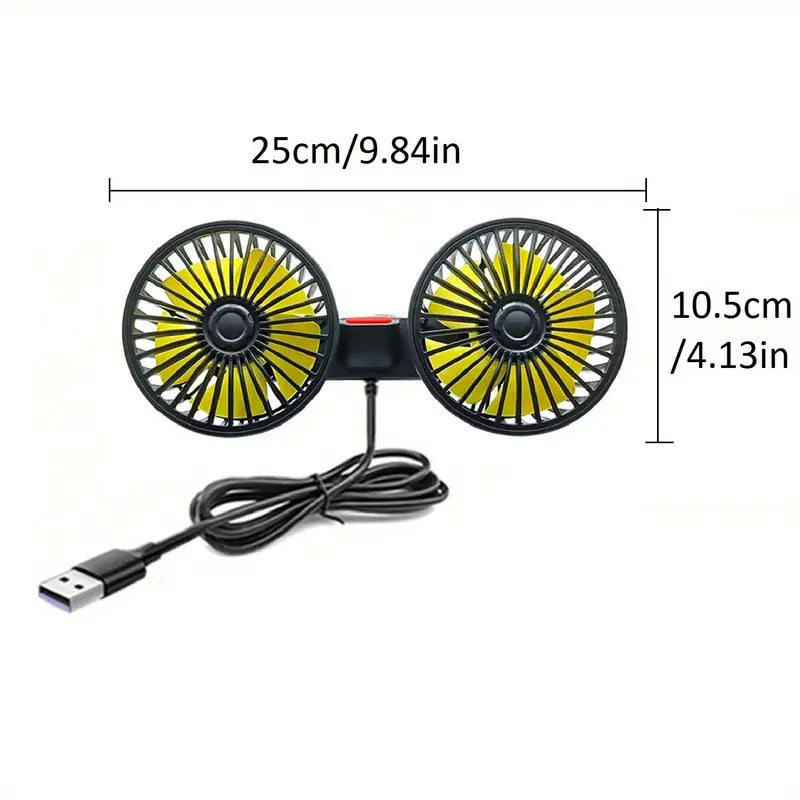 Ventilateur Double Tête Rotatif pour Voiture – USB Rechargeable, Silencieux et Orientable à 360°